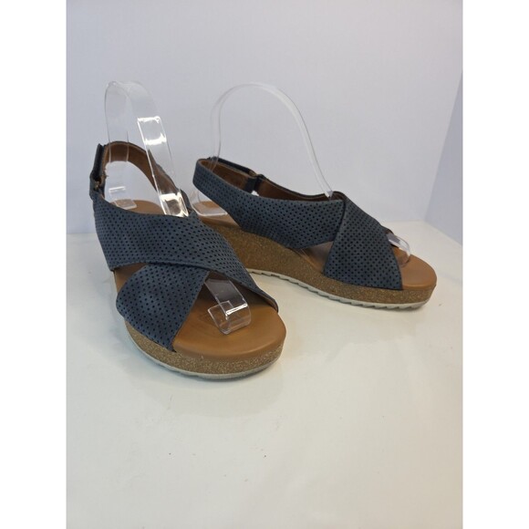 Paul Green Blue Suede Criss Cross Cork Wedge Sandal S 7 US Hook & Loop Close EUC - Picture 1 of 7